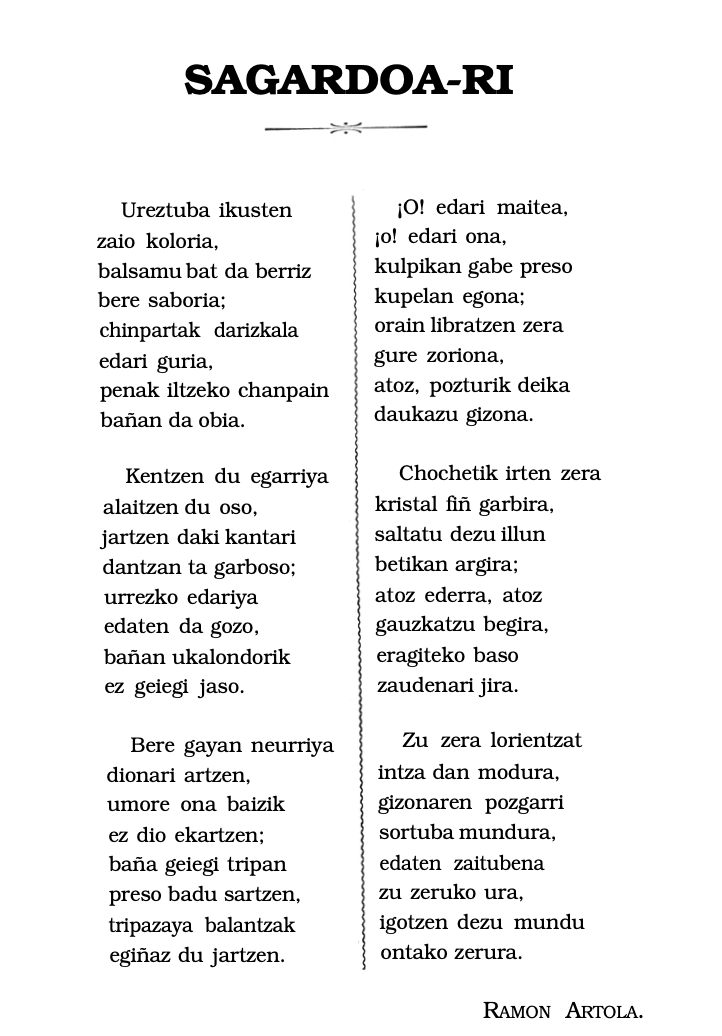 ciderzale's tweet photo. @BzBztn Bertsolariak eta bertsoak hizpide izan dituzunez, horra Ramon Artolak 1894. urtean sagardoari eskainitako bat: Txanpaina baino hobea, zeruko ura, balsamoa, urrezko edaria, kristal fin garbia... Hark bai jakin hitzekin nola balioan jarri sagardoa! https://t.co/yl4qFhd1CB