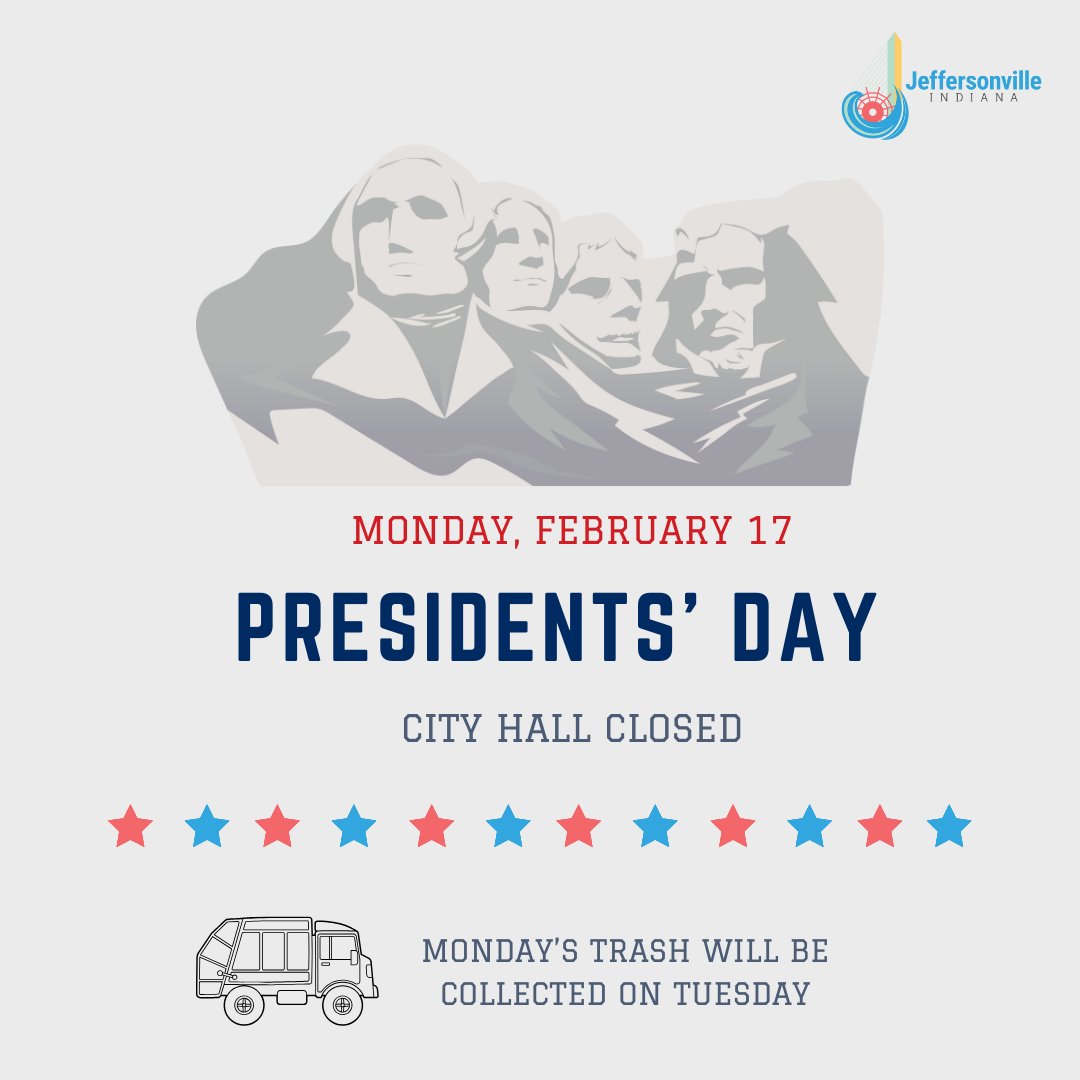 City Hall is closed today in observance of Presidents' Day. 

Monday's trash will be collected on Tuesday, along with Tuesday's normal route. To view the Sanitation calendar, click here: loom.ly/y3HEzEs. 

#onlyINjeff