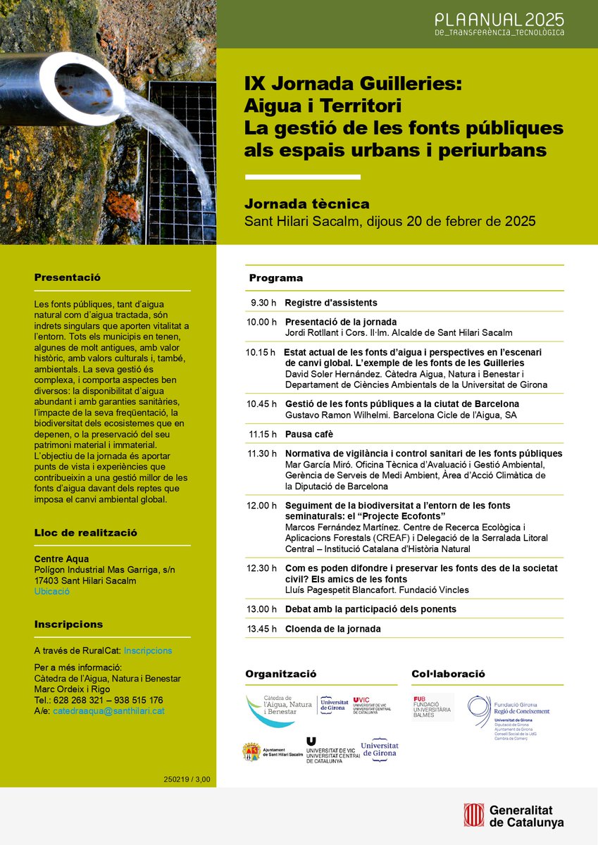 Ruralcat (@ruralcat) on Twitter photo 📌IX Jornada Guilleries: Aigua i Territori. La gestió de les fonts públiques als espais urbans i periurbans #PATT2025
📍Sant Hilari Sacalm
🗓️ 20 de febrer 2025
🕘 09.30 h
ow.ly/jYmL50V14XA
<a href="/univgirona/">Universitat de Girona</a>
<a href="/uvic_ucc/">UVic-UCC</a>
<a href="/santhilari/">Sant Hilari Sacalm</a> 📌IX Jornada Guilleries: Aigua i Territori. La gestió de les fonts públiques als espais urbans i periurbans #PATT2025
📍Sant Hilari Sacalm
🗓️ 20 de febrer 2025
🕘 09.30 h
ow.ly/jYmL50V14XA
<a href="/univgirona/">Universitat de Girona</a>
<a href="/uvic_ucc/">UVic-UCC</a>
<a href="/santhilari/">Sant Hilari Sacalm</a>