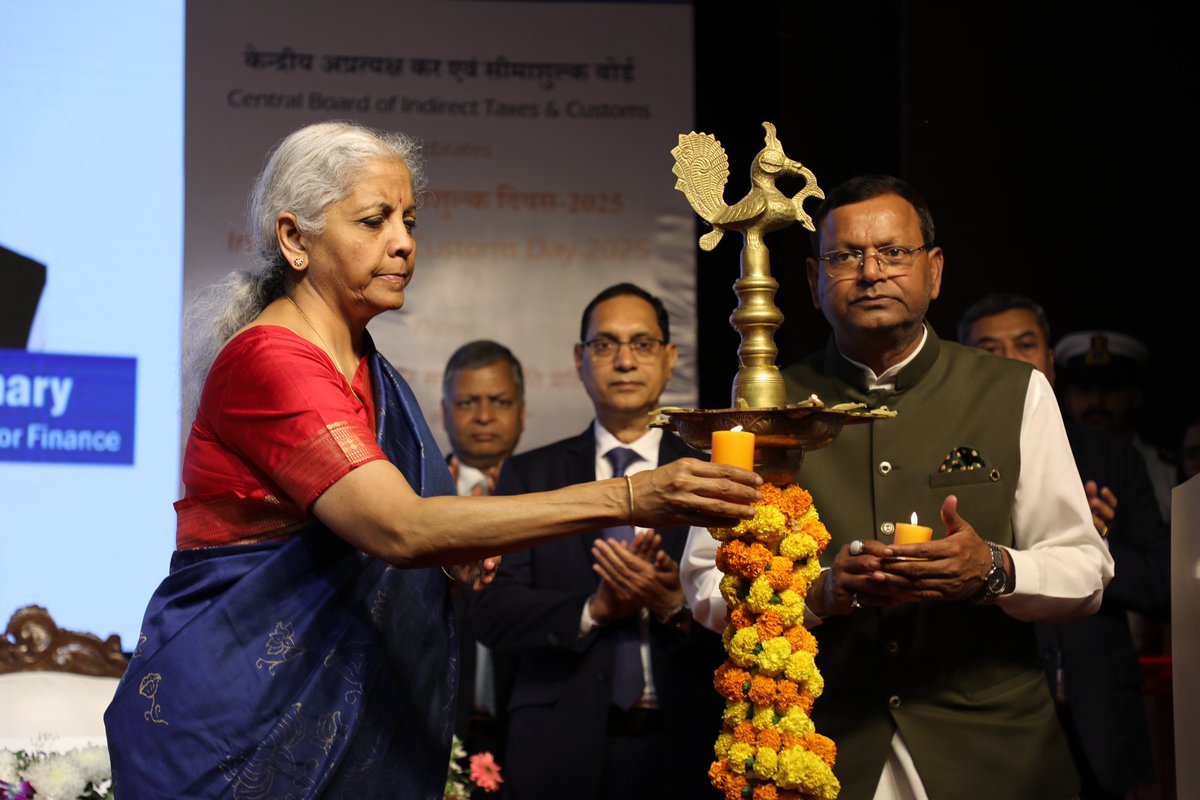 cbic_india's tweet photo. Chief Guest, Hon’ble Union Minister of Finance & Corporate Affairs, @nsitharaman, along with Guest of Honour, Hon'ble Minister of State for Finance, @mppchaudhary graced the celebration of InternationalCustoms Day 2025 at Nhava Sheva port, Mumbai, in line with the WCO theme for 2025 “Customs Delivering on its Commitment to Efficiency, Security, and Prosperity”. Revenue secretary Sh. Tuhin Kanta Pandey, Chairman @cbic_india Sh. Sanjay Kumar Agarwal and Members of the CBIC Board were also present on the occasion.