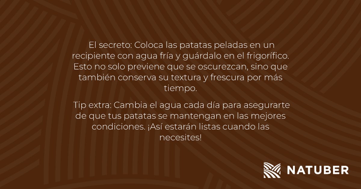 NatuberSL's tweet photo. 🥔 ¿Te han sobrado más patatas peladas de la cuenta? 🧊 No pasa nada. Guárdalas en un recipiente con agua fría en el frigorífico y mantén su frescura al máximo. Cambia el agua cada día y estarán perfectas cuando las necesites. 💡✨

#Natuber #TrucoDeCocina #PatatasPerfectas https://t.co/pACloMDJ3M