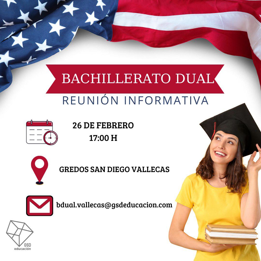 ¡No te lo pierdas!
El 26 de febrero a las 17h tendrá lugar la reunión informativa para las familias de los alumnos de 2° de ESO en la que explicamos cómo cómo obtener un diploma académico estadounidense mientras se estudia en España. 
#gsdeducacion #gsdvallecas #bachilleratodual