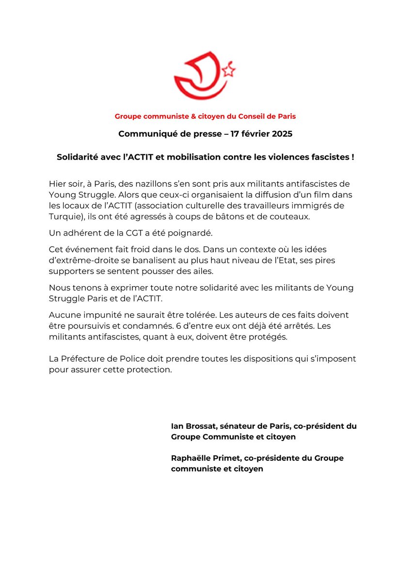 IanBrossat's tweet image. Une agression à coup de couteau. 

Une victime poignardée à l’hôpital. 

Le tout sur fond de slogans : « Paris est nazi ». 

Une réaction, @BrunoRetailleau ?