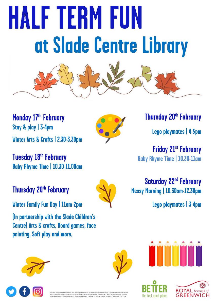 GreenwichLibs's tweet image. We’ve got some exciting things happening at #SladeLibrary this half term! Join the fun and free activities including Lego adventures, arts and crafts, stay and play, a family fun day and more! #LoveYourLibrary