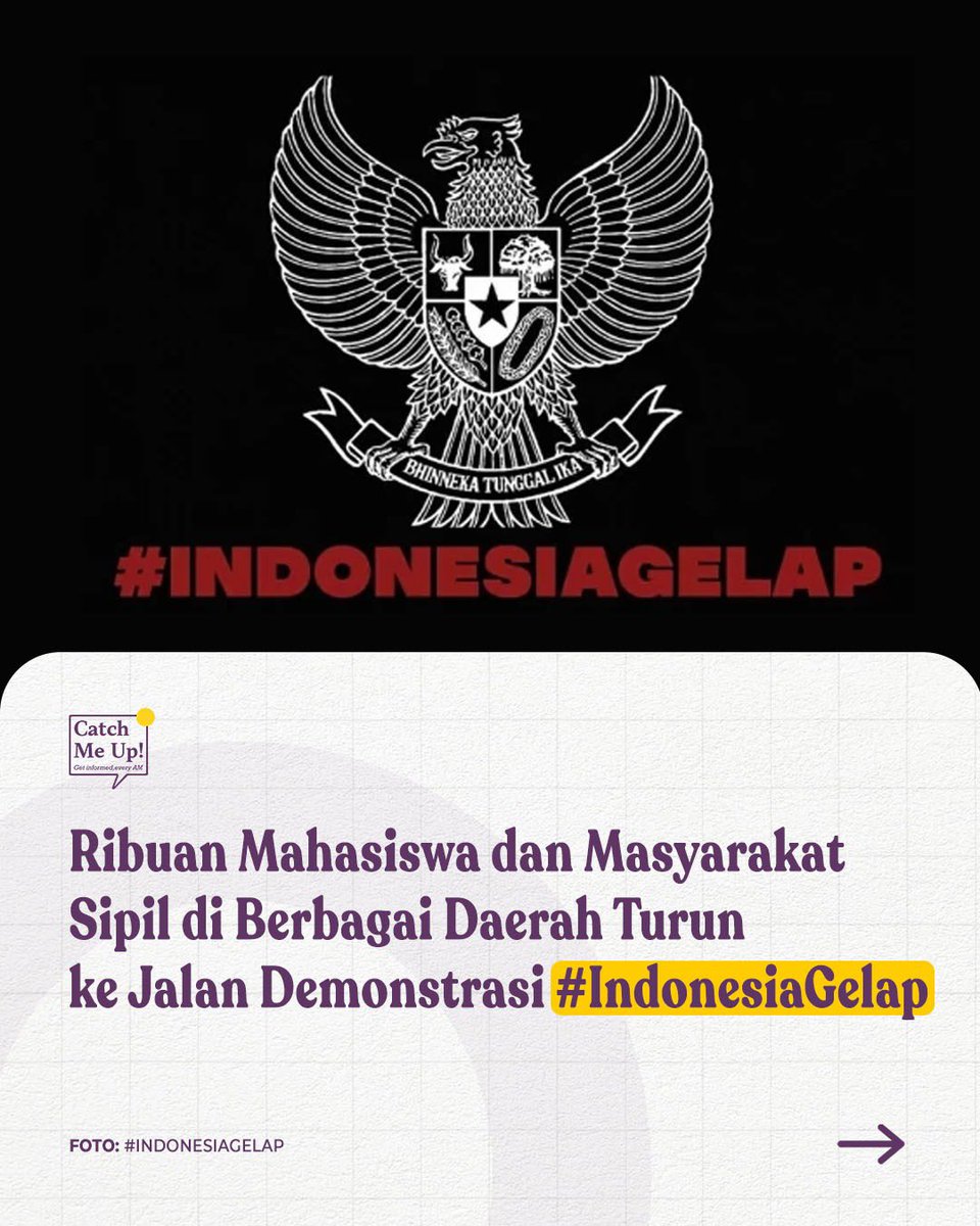 catchmeupco's tweet photo. Setelah 100 hari pemerintahan Prabowo-Gibran, berbagai kritik atas sejumlah kebijakan pemerintah mengalir makin deras. Belum reda riuh #KaburAjaDulu yang menggema di lini masa, kini ribuan mahasiswa, pelajar, dan kelompok sipil di berbagai daerah unjuk rasa dengan menggaungkan tagar #IndonesiaGelap mengkritisi kebijakan & program pemerintah. Bahkan, pelajar di Papua demonstrasi menolak program Makan Bergizi Gratis (MBG), dan menuntut pendidikan gratis.

Ini negara mau di bawa ke mana?