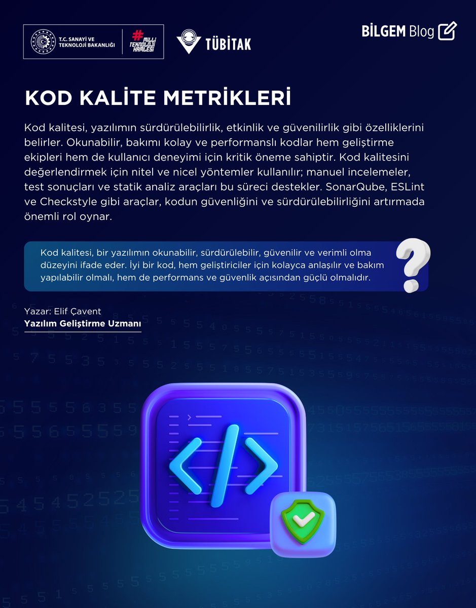tubitakbilgem's tweet photo. TÜBİTAK BİLGEM Yazılım Teknolojileri Araştırma Enstitüsü araştırmacıları tarafından kaleme alınan BİLGEM YTE Blog serisinin yeni sayısı "Kod Kalite Metrikleri" başlığıyla yayınlandı 📢

Yazılım geliştirme süreçlerinde sürdürülebilir, etkin, güvenilir ve kullanılabilir kodlama başarılı sonuçlar elde etmek için kritik öneme sahiptir. Proje başarısı için kod kalitesinin önemine dikkat çekilen bu blog yazısında, kullanılması gereken kod kalite metrikleri de örneklerle birlikte ele alınıyor.

Blog yazısı için:

https://t.co/UL0lIkF6bj

#KodKalite #KodKaliteMetrikleri