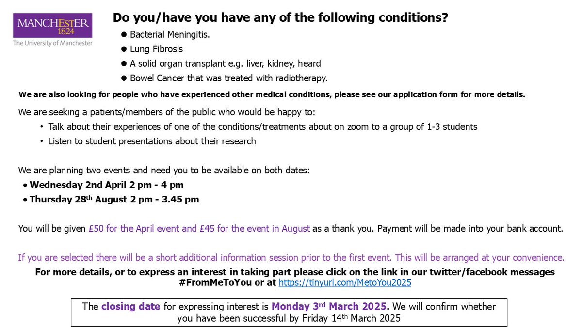 LindseyBwork's tweet image. We’ve added more medical conditions to our list! If you have any of these conditions & would you be happy to talk about your experiences to 1-3 MSc level students who are studying the immune system - See below and visit tinyurl.com/MetoYou2025 for more information and to apply