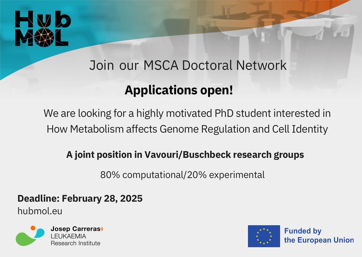 📢 #HUBMol (hubmol.eu) open call! 👉 Apply here euraxess.ec.europa.eu/jobs/310702 

We're looking for a #PhDstudent 👨‍🔬 with expertise in:
🔬 Cell culture techniques
🧬 Generation of genetically modified cell lines
🧪 Molecular biology &amp; biochemistry
💻 Strong bioinformatics