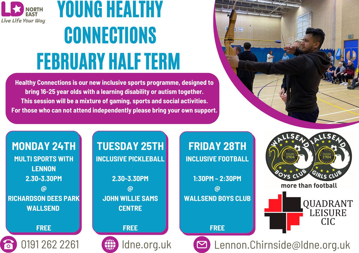Young Healthy Connections is a FREE inclusive sports programme  designed for 16-25 year olds with a learning disability or autism!

Tue 25 Feb: Inclusive Pickleball
2:30 – 3:30 PM
John Willie Sams Centre

Contact LDNE on  0191 262 2261
Email: Lennon.Chirnside@ldne.org.uk