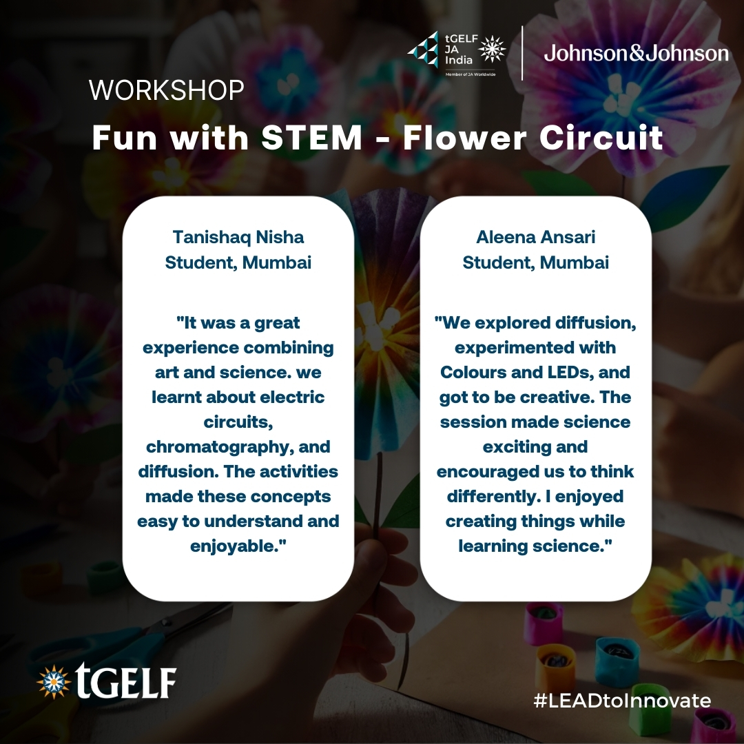 tGELF's tweet photo. tGELF/JA India held another immersive STEAM Flower Circuit Workshop in partnership with Johnson &amp; Johnson, on February 14, 2025, in Mumbai.

#tGELFworkshop #STEMworkshop #JohnsonAndJohnson #FlowerCircuit #TechInBloom #Innovation #ScienceBlossoms #STEAM #tGELF https://t.co/HURCJ4Yhpq