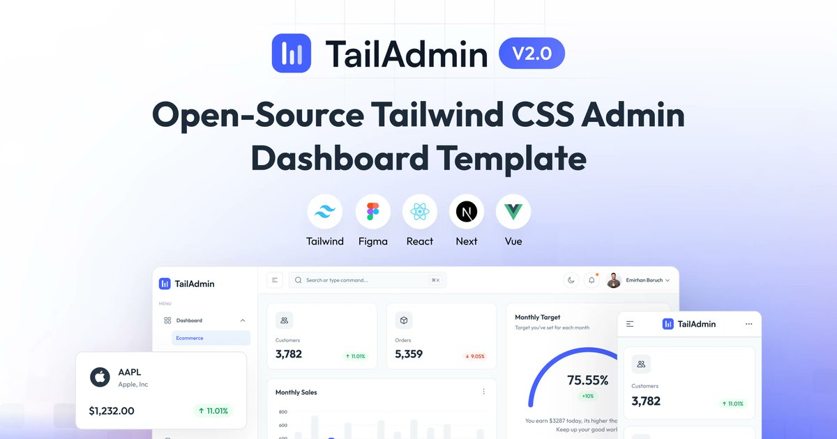 TailAdmin V2.0 is finally here! 🎉
This isn't just another update - it's a complete transformation.

We've completely redesigned almost every single components, improved functionality, refreshed the entire experience, and packed in tons of new features to give you the best admin