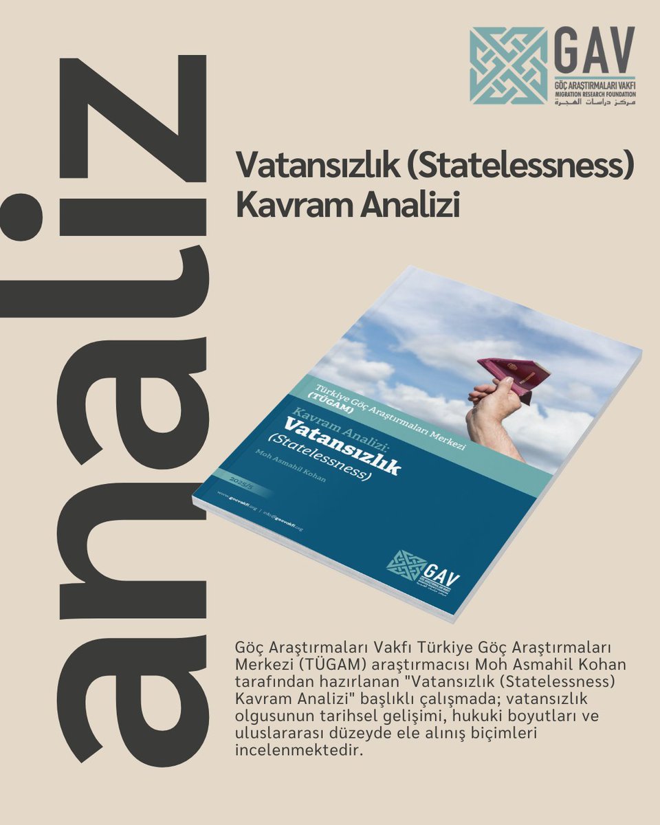 📢 Yeni Kavram Analizi: Vatansızlık (Statelessness)

🔍 Hukuki ve insani boyutlarıyla küresel bir sorun olan vatansızlık, bireylerin hiçbir devlet tarafından vatandaş olarak tanınmaması durumunu ifade etmektedir.

Göç Araştırmaları Vakfı Türkiye Göç Araştırmaları Merkezi (TÜGAM)