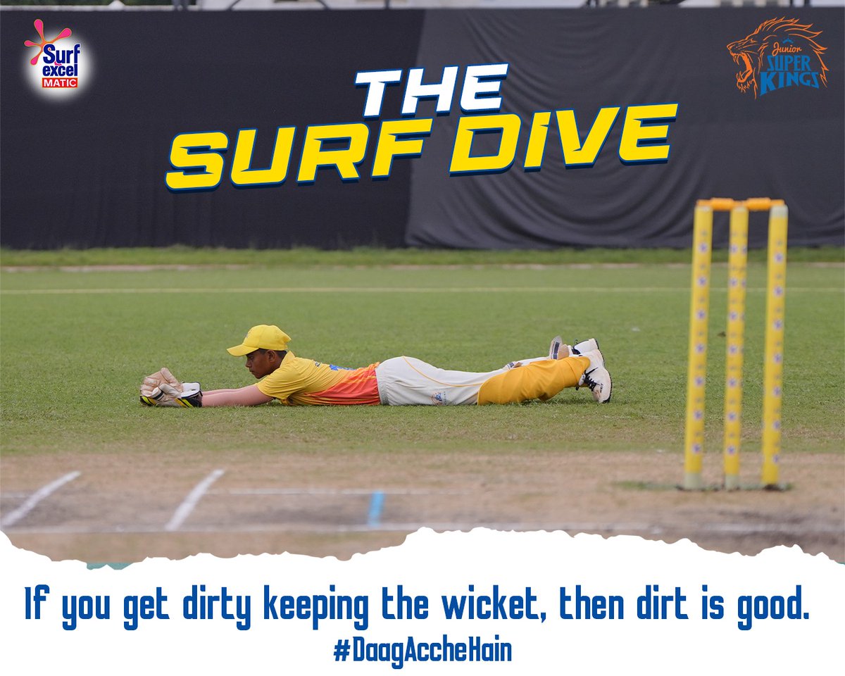 SuperKingsAcad's tweet image. The Surf Dive
&quot;Leaped, stretched, dived and landed in the dirt—for the game! 
A jersey stained, a match saved.

#DaagKeSuperKings #DaagAccheHain
#SurfExcel
#KaraiNalladhu