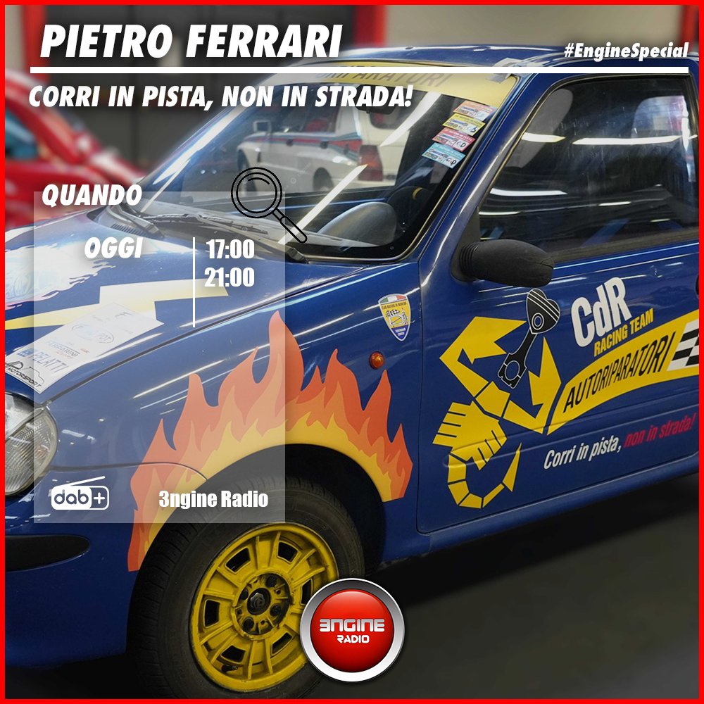Vi aspetto su Engine Radio
con

Pietro Ferrari

Alle 17 e alle 21

Dal Club Motori di Modena  
CORRI IN PISTA, NON IN STRADA!
per gli studenti della Città dei Ragazzi di Modena

Da riascoltare anche sabato alle 14

#EngineRadio #clubmotoridimodena  #CDR #passione #sicurezza