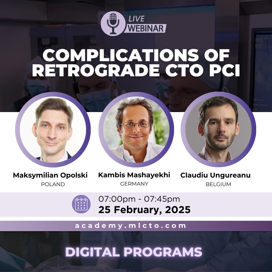 ML CTO Academy (@mlctoacademy) on Twitter photo 💻 Save The Date! Webinar on "Complications of retrograde CTO PCI: Collaterals – Reverse CART – Externalization"
🗓 Tuesday, February 25th at 7pm (CET)
✅ Experts: <a href="/OpolskiMP/">Maksymilian Opolski</a>, <a href="/KambisMashayek1/">Kambis Mashayekhi</a> & Claudiu Ungureanu
🔗 Check the program: academy.mlcto.com/complications-…
Just for members! 💻 Save The Date! Webinar on "Complications of retrograde CTO PCI: Collaterals – Reverse CART – Externalization"
🗓 Tuesday, February 25th at 7pm (CET)
✅ Experts: <a href="/OpolskiMP/">Maksymilian Opolski</a>, <a href="/KambisMashayek1/">Kambis Mashayekhi</a> & Claudiu Ungureanu
🔗 Check the program: academy.mlcto.com/complications-…
Just for members!