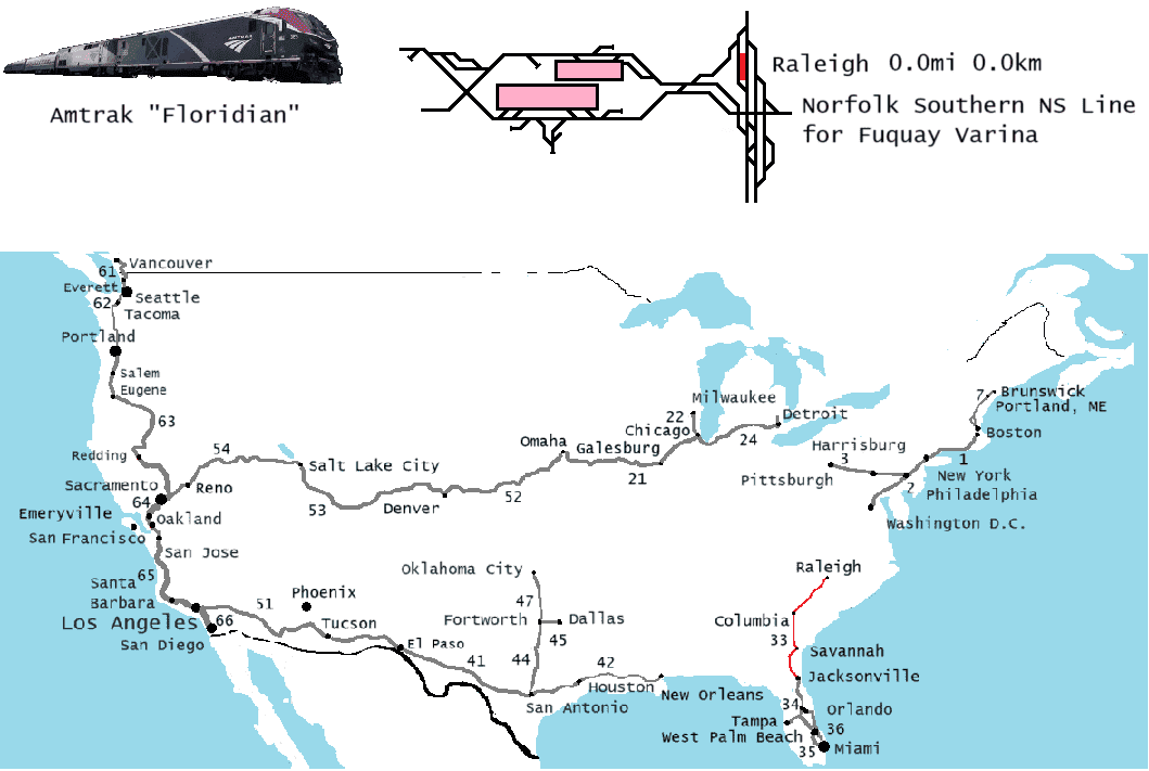 HeroMountstone's tweet photo. Amtrak "Floridian"
https://t.co/VdPZofgTO1
This is the rail route map of the CSX S Line &amp; A Line from Raleigh to Jacksonville.
アムトラック「フロリディアン」号の、ローリーからジャクソンビルまでの線路配線図です。
#CSX #Amtrak #配線図 #配線略図 #海外の鉄道 #世界の鉄道 https://t.co/YP5FLNzsN9