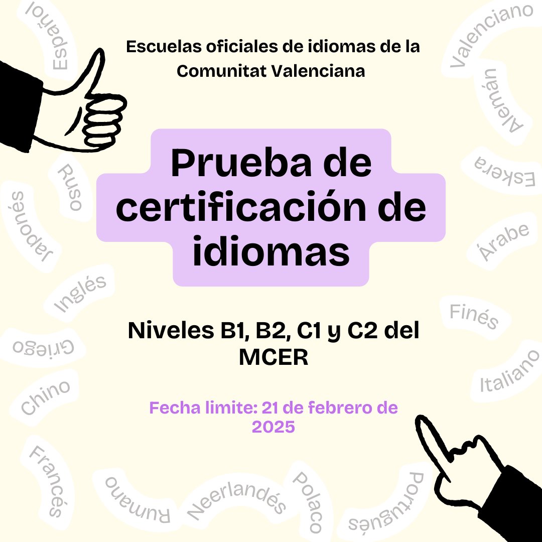📢 ¡Inscripción abierta para la prueba unificada de certificación MCER! 🌍

Si eres alumno oficial de las Escuelas Oficiales de Idiomas de la Comunitat Valenciana, ¡es tu oportunidad para certificar tus competencias lingüísticas en B1, B2, C1 y C2! ✨

📅 Fecha límite: 21/02/2025