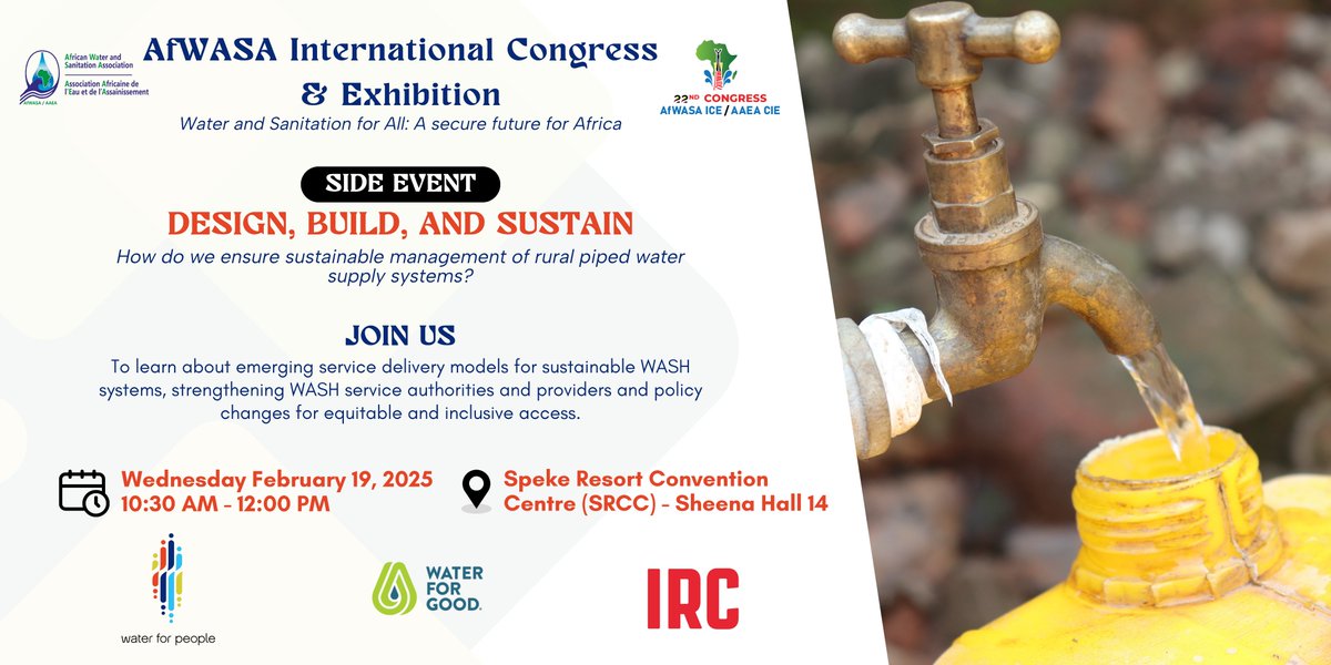 Water For People UGA (@water4peopleug) on Twitter photo Join us at #AfWASA2025 for an exciting side event on the Design, Build, and Sustainment of strong WASH systems.
📅 Feb 19, 2025 | ⏰ 10:30 AM - 12:00 P
📍 <a href="/spekeresort/">Speke Resort Munyonyo</a> Convention Centre (SRCC) - Sheena Hall 14
Organized by: <a href="/waterforpeople/">Water For People</a> <a href="/IRCWASH/">IRC</a> and <a href="/Waterforgood1/">Water For Good</a> Join us at #AfWASA2025 for an exciting side event on the Design, Build, and Sustainment of strong WASH systems.
📅 Feb 19, 2025 | ⏰ 10:30 AM - 12:00 P
📍 <a href="/spekeresort/">Speke Resort Munyonyo</a> Convention Centre (SRCC) - Sheena Hall 14
Organized by: <a href="/waterforpeople/">Water For People</a> <a href="/IRCWASH/">IRC</a> and <a href="/Waterforgood1/">Water For Good</a>