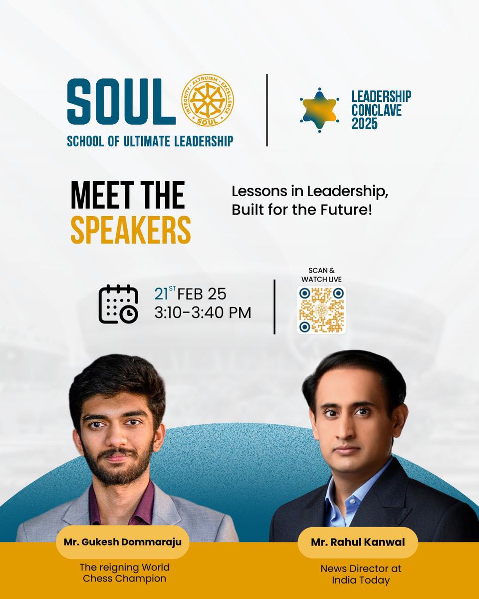 Look forward to speaking at the SOUL <a href="/LeadWithSoul/">School of Ultimate Leadership</a> Leadership Conclave this Friday, Feb 21 at the Bharat Mandapam. The session is on leadership lessons. The conference will be attended by meritorious youth delegates from across the country. Chess champion <a href="/DGukesh/">Gukesh D</a> is also on the