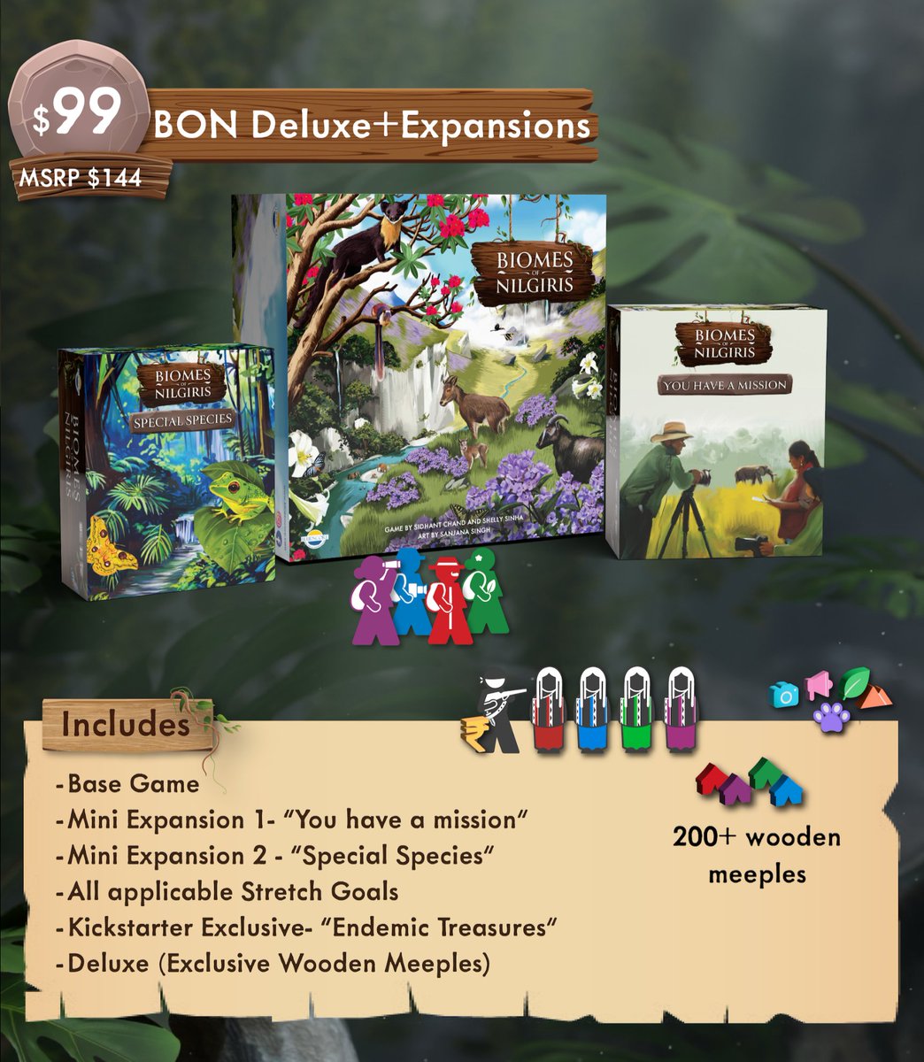 Get 'Biomes of Nilgiris' Deluxe + Expansions for just $99 (MSRP $144)! 🌿🎲

✅ Base Game + 2 Mini Expansions
✅ Kickstarter Exclusives &amp; Stretch Goals
✅ 200+ Wooden Meeples

 Back the project now and be part of something extraordinary! 

kickstarter.com/projects/18459…