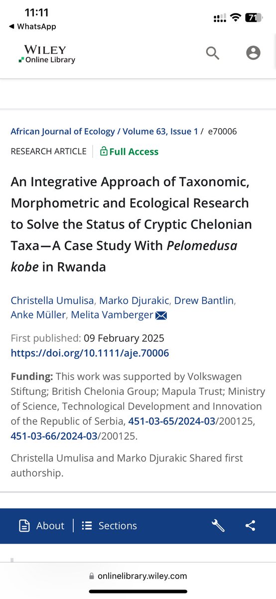 Thrilled to share that using genetic data, we’ve confirmed the presence of Pelomedusa kobe in Akagera National Park! This study provides insights into its morphology and sexual size dimorphism.

Full study: doi.org/10.1111/aje.70…
Funded by Volkswagen, BCG, and Mapula.
