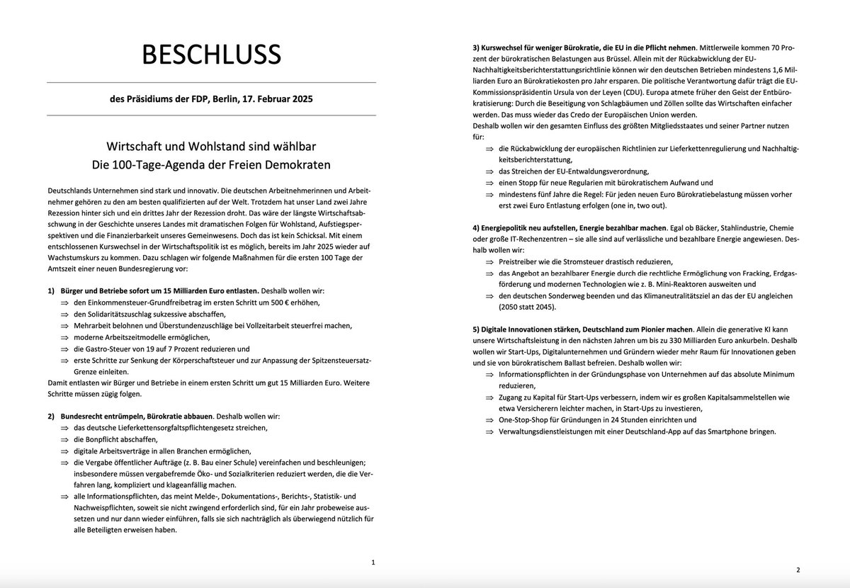 Deutschland braucht nicht nur einen Kanzlerwechsel, sondern einen Politikwechsel. Den gibt es nur mit der <a href="/fdp/">FDP</a>. Hier schwarz auf weiß das vom Präsidium heute beschlossene 100-Tage-Programm, wie Deutschlands Wirtschaft schon 2025 wieder auf Wachstumskurs kommt! 👇🏻 #jetztFDP
