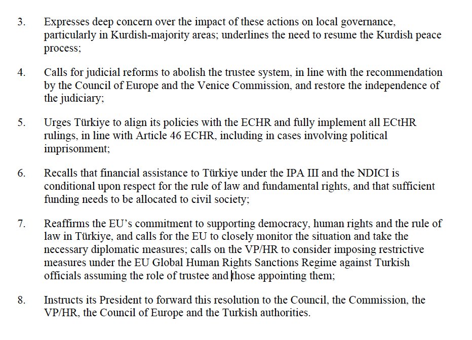 Avrupa Parlamentosu, "Türkiye'de Son Belediye Başkanı Görevden Almaları ve Tutuklamalar" konusunda 13 Şubat 2025 tarihli bir karar (2025/2546(RSP) yayınladı. 

Belediye Kanunu md. 45/2 ve 46 hükümleriyle ilgili Anayasa'ya aykırılık iddialarının "ciddiliği" açısından dikkate
