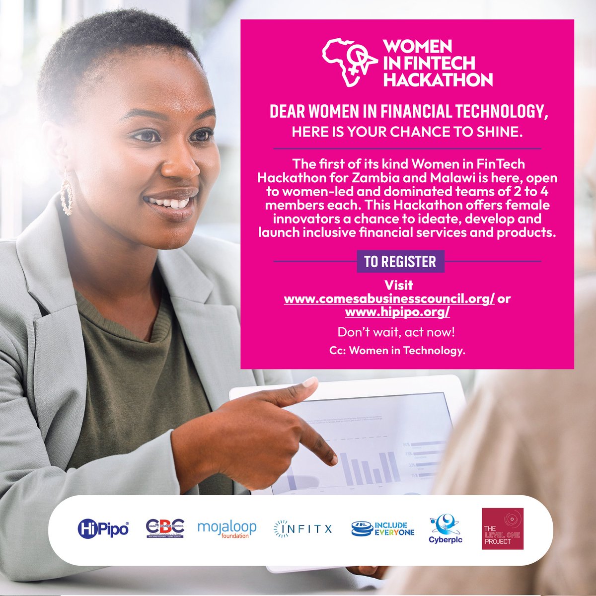gimogoi Sandra (@sandragimogoi) on Twitter photo The <a href="/COMESABusiness/">COMESABusinessCouncil</a> (CBC) & <a href="/HiPipo/">HiPipo #IncludeEveryone #LevelOneProject</a> will host the first #WomenInFinTech Hackathon for Zambia & Malawi in March. The Hackathon is open to women-led teams of 2 to 4 members each.
Visit hipipo.org/women-in-finte… to register.
#LevelOneProject
<a href="/cbu_zambia/">Copperbelt University</a> <a href="/UnzaOfficial/">The University Of Zambia</a> <a href="/ZictCollege/">Zambia University College of Technology</a> The <a href="/COMESABusiness/">COMESABusinessCouncil</a> (CBC) & <a href="/HiPipo/">HiPipo #IncludeEveryone #LevelOneProject</a> will host the first #WomenInFinTech Hackathon for Zambia & Malawi in March. The Hackathon is open to women-led teams of 2 to 4 members each.
Visit hipipo.org/women-in-finte… to register.
#LevelOneProject
<a href="/cbu_zambia/">Copperbelt University</a> <a href="/UnzaOfficial/">The University Of Zambia</a> <a href="/ZictCollege/">Zambia University College of Technology</a>
