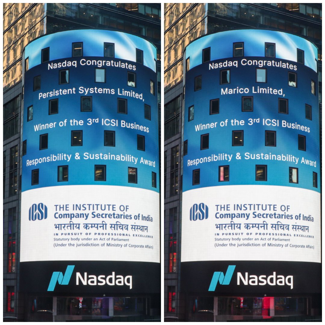 #ICSI is delighted to have its #CGAwards featured on one of the most prominent Stock Exchanges of the world at the Nasdaq MarketSite Tower in Times Square, New York, USA <a href="/Nasdaq/">Nasdaq</a>