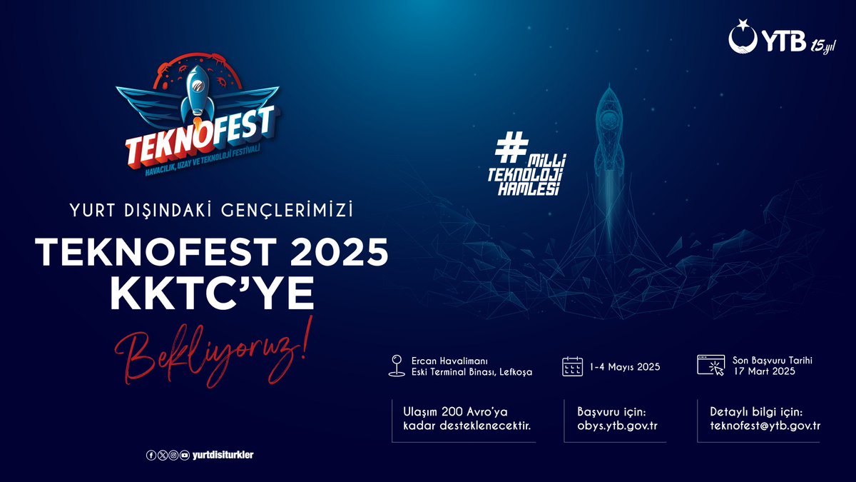yurtdisiturkler's tweet photo. Yurt dışında yaşayan gençler, Başkanlığımız desteğiyle #Teknofest #KKTC’de yerini alıyor❗️

@teknofest, 1-4 Mayıs 2025 tarihleri arasında Lefkoşa, Ercan Havalimanı'nda🚀

Son başvuru tarihi: 17 Mart 2025

Bilgi ve başvuru için: https://t.co/jbXdcovylJ https://t.co/D9J47helln
