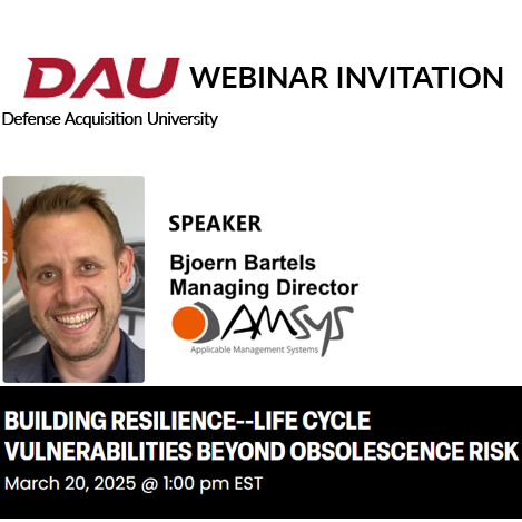 obsolescencecom's tweet photo. DAU's webinar will take place on 20. March 2025, where Bjoern Bartels, Managing Director of AMSYS will have the honor to give his presentation “Building #Resilience - Life Cycle Vulnerabilities Beyond #Obsolescence Risk” -  https://t.co/kyOhJuxqFe
Secure your free seat today! https://t.co/Q5JSj5rPG2