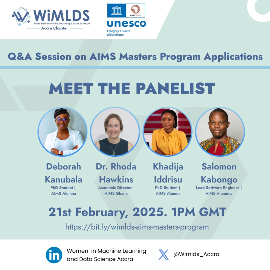 WiMLDS Accra (@wimlds_accra) on Twitter photo We are excited to bring you an Info Session on applications for <a href="/AIMS_Next/">African Institute for Mathematical Sciences (AIMS)</a> . Come and get all your questions answered by our amazing panel of alumni and academic director at AIMS Ghana. Register here: bit.ly/wimlds-aims-ma… We are excited to bring you an Info Session on applications for <a href="/AIMS_Next/">African Institute for Mathematical Sciences (AIMS)</a> . Come and get all your questions answered by our amazing panel of alumni and academic director at AIMS Ghana. Register here: bit.ly/wimlds-aims-ma…