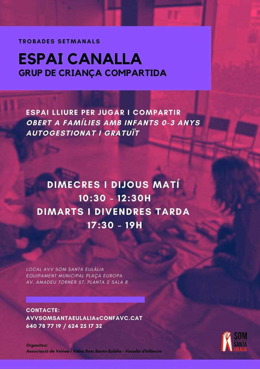 Associació de Veïnes i Veïns Som Santa Eulàlia (@avvsomseulalia) on Twitter photo Més dies de trobada setmanal a l'#EspaiCanalla!
Ara 2 matins i 2 tardes!
Tots els dimecres i dijous al matí
Tots els dimarts i divendres a la tarda
Més informació aquí:
📧avvsomsantaeulalia@confavc.cat
📲 624 25 17 32 | 640 78 77 19
#SomCanalla
#SomSantaEulàlia Més dies de trobada setmanal a l'#EspaiCanalla!
Ara 2 matins i 2 tardes!
Tots els dimecres i dijous al matí
Tots els dimarts i divendres a la tarda
Més informació aquí:
📧avvsomsantaeulalia@confavc.cat
📲 624 25 17 32 | 640 78 77 19
#SomCanalla
#SomSantaEulàlia