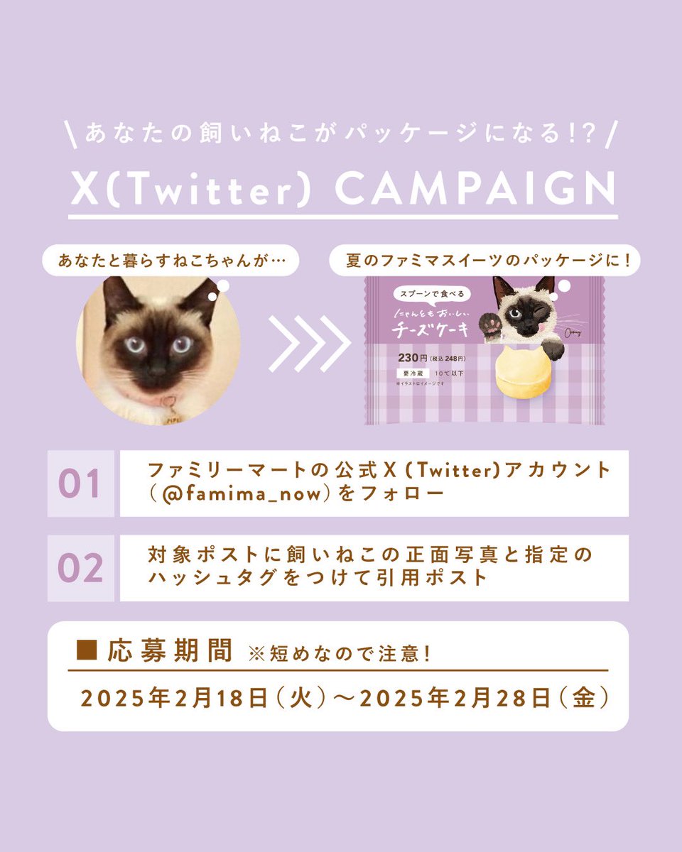 Coony_illust's tweet photo. 🧁Xキャンペーン🐱当選した猫ちゃんをCoonyが描き下ろし！＆夏に発売されるファミマ限定のスイーツとしてお楽しみいただけます🎉▶︎応募方法❶@famima_nowをフォロー❷対象ポストに飼いねこの正面写真と指定のハッシュタグをつけて引用ポスト https://t.co/X5AFQrzU6w
