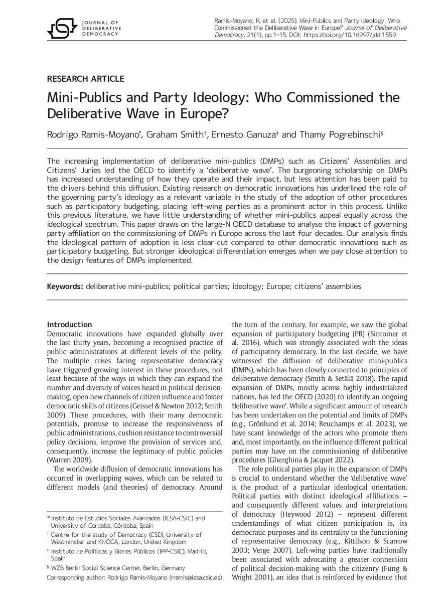 Rodrigo Ramis (@rodri_96_rm) on Twitter photo How has the expansion of deliberative mini-publics (DMPs) in Europe been influenced by the ideology of the governing parties?
This is what <a href="/Smith1966G/">Graham Smith</a> <a href="/eganuza/">Ernesto Ganuza</a> #ThamyPogrebinschi and I examine in our recently published article in <a href="/delibdemjournal/">Journal of Deliberative Democracy</a>
(1/6)
delibdemjournal.org/article/id/155… How has the expansion of deliberative mini-publics (DMPs) in Europe been influenced by the ideology of the governing parties?
This is what <a href="/Smith1966G/">Graham Smith</a> <a href="/eganuza/">Ernesto Ganuza</a> #ThamyPogrebinschi and I examine in our recently published article in <a href="/delibdemjournal/">Journal of Deliberative Democracy</a>
(1/6)
delibdemjournal.org/article/id/155…