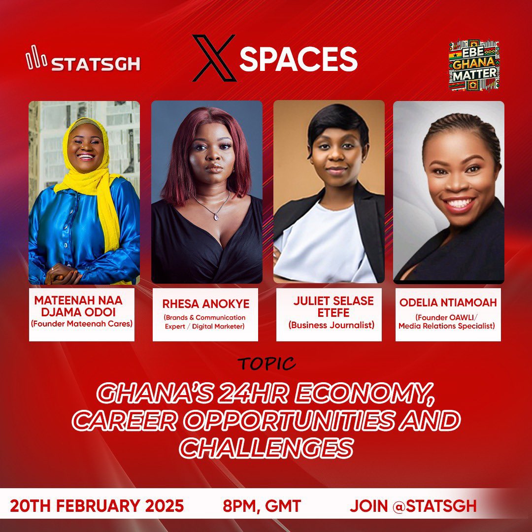 StatsGH's tweet photo. What does the 24-hour economy mean in the Ghanaian context and why is it important now?
Join us this Thursday for the February edition of the #ebeghanamatter X spaces to have this very important conversation.
Link to spaces here : ๐๐ฟ https://t.co/LI1pXjACuf https://t.co/Gw2PFgRYSs