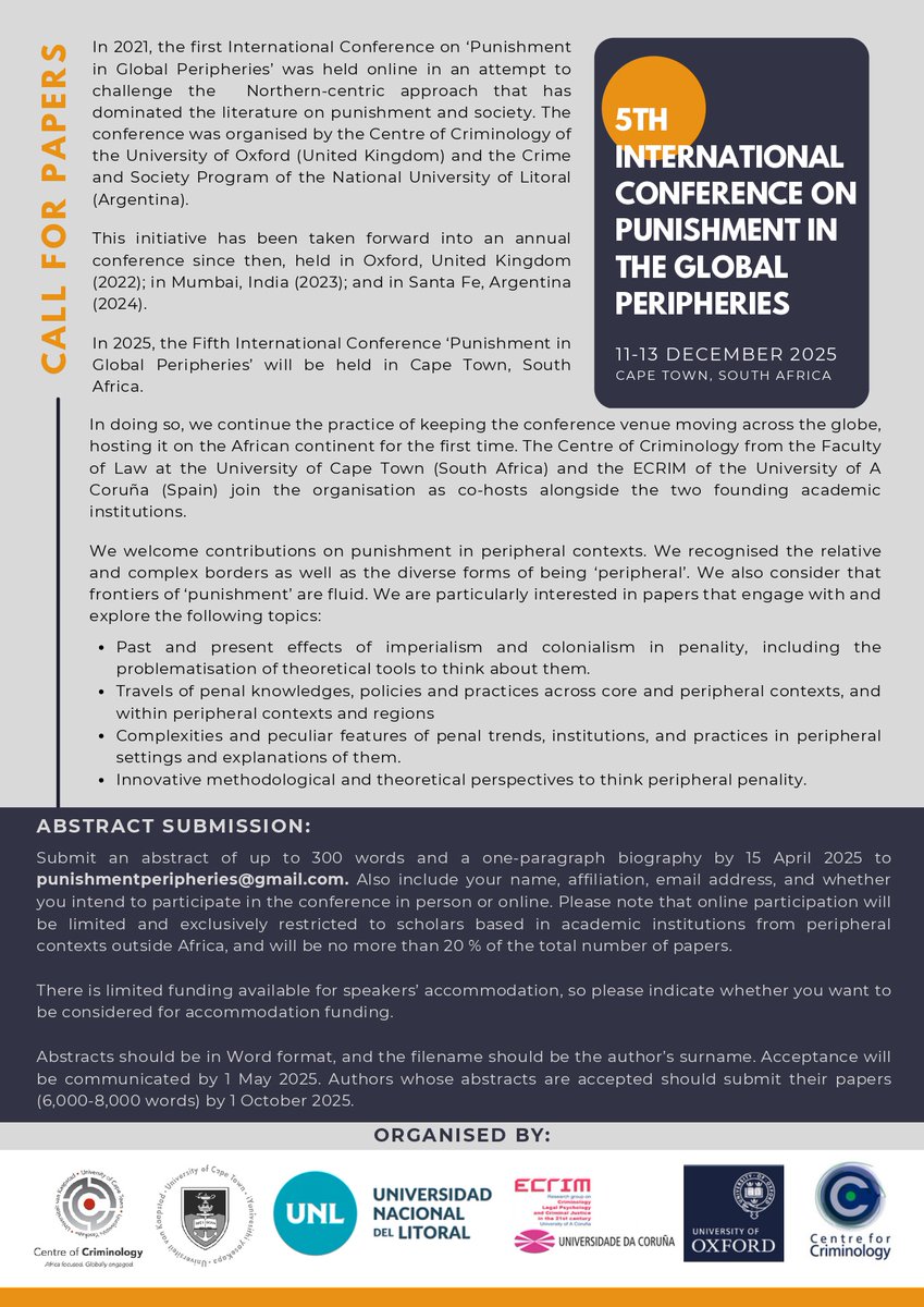🚨Fifth International Conference Punishment in Global Peripheries🚨

Call for papers! Send us your abstract by 15 April

📍Cape Town, South Africa 🇿🇦
🗓️11-13 December 2025