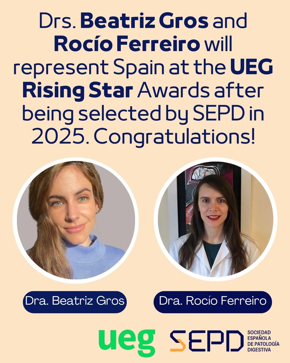 Sociedad Española de Patología Digestiva (SEPD) (@sepdigestiva) on Twitter photo 🎉🏆 Drs. Beatriz Gros <a href="/Bealoquebea/">Beatriz Gros</a> and Rocío Ferreiro <a href="/Rocio_stg/">Rocío Ferreiro</a> will represent Spain at the United European Gastroenterology Rising Star Awards <a href="/my_ueg/">my_UEG</a> after being selected by <a href="/sepdigestiva/">Sociedad Española de Patología Digestiva (SEPD)</a> in 2025. Congratulations! 🎉🏆 Drs. Beatriz Gros <a href="/Bealoquebea/">Beatriz Gros</a> and Rocío Ferreiro <a href="/Rocio_stg/">Rocío Ferreiro</a> will represent Spain at the United European Gastroenterology Rising Star Awards <a href="/my_ueg/">my_UEG</a> after being selected by <a href="/sepdigestiva/">Sociedad Española de Patología Digestiva (SEPD)</a> in 2025. Congratulations!