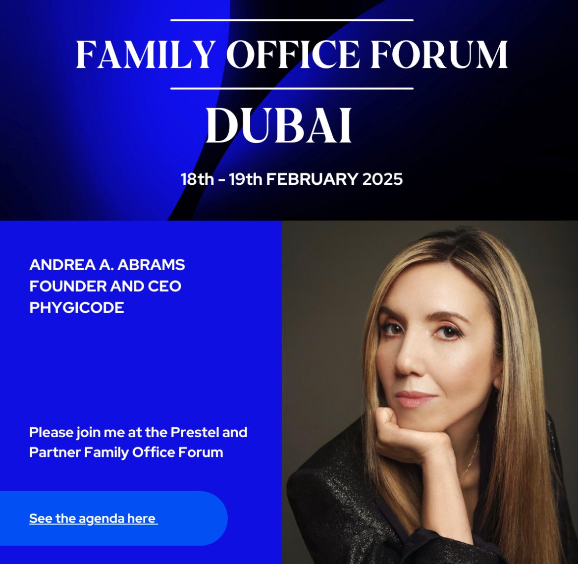 Andrea Abrams (@abramsglobal) on Twitter photo Excited to be back in Dubai where I'll be joining the Family Office Forum hosted by <a href="/PrestelPartner/">Prestel & Partner</a> 
🎤 My Fireside Conversation: THE ROLE OF ANGEL INVESTORS AND FAMILY OFFICES IN THE NEW DIGITAL ECONOMY 
📆 Feb 19 at 10am 
🏨 The Palace Downtown Dubai Excited to be back in Dubai where I'll be joining the Family Office Forum hosted by <a href="/PrestelPartner/">Prestel & Partner</a> 
🎤 My Fireside Conversation: THE ROLE OF ANGEL INVESTORS AND FAMILY OFFICES IN THE NEW DIGITAL ECONOMY 
📆 Feb 19 at 10am 
🏨 The Palace Downtown Dubai