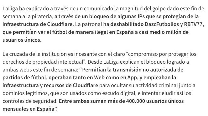 pablomoratinos's tweet photo. No se puede tener la cara más dura que Movistar y La Liga. ¡Que no han sido bloqueos indiscriminados, dicen! #Cloudflare https://t.co/KZHqdAYohV