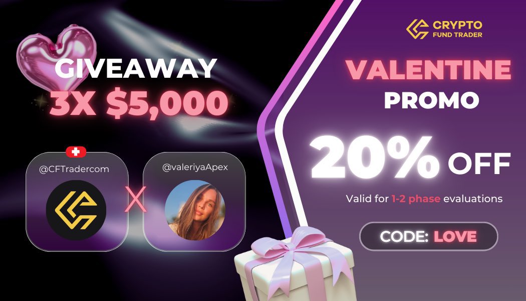 💖 GIVEAWAY: 3X $5,000 💖

Valentine’s Day is all about gifts, and we’ve got something special for you! 🎁

Together with <a href="/CFTradercom/">Crypto Fund Trader</a>, we’re giving away 3 prizes of $5,000!

How to enter?
✅ Follow @valeriyaApex and <a href="/CFTradercom/">Crypto Fund Trader</a>
✅ Like &amp; retweet this post
✅ Tag 2 friends in