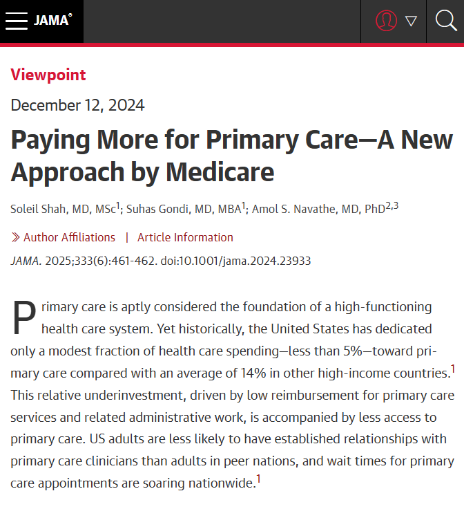 JAMA (@jama_current) on Twitter photo Viewpoint from <a href="/SoleilShahMD/">Soleil Shah, MD MSc</a>, <a href="/suhas_gondi/">Suhas Gondi</a>, and <a href="/AmolNavathe/">Amol Navathe</a>: The ACO PC Flex model, introduced by <a href="/CMSGov/">CMSGov</a>, aims to significantly increase funding for primary care through prospective payments to improve access and quality.
ja.ma/3CNaUpn Viewpoint from <a href="/SoleilShahMD/">Soleil Shah, MD MSc</a>, <a href="/suhas_gondi/">Suhas Gondi</a>, and <a href="/AmolNavathe/">Amol Navathe</a>: The ACO PC Flex model, introduced by <a href="/CMSGov/">CMSGov</a>, aims to significantly increase funding for primary care through prospective payments to improve access and quality.
ja.ma/3CNaUpn