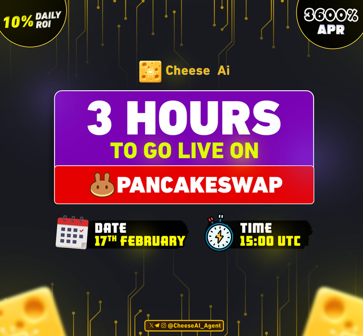 CheeseAI_Agent's tweet image. 🔥Excited for the Launch Just 3 Hour Left 🥳

🚀 CheeseAI Goes Live on PancakeSwap Today at 15:00 UTC!

💥Trade: pancakeswap.finance/?outputCurrenc…

✅ 10% Daily ROI
✅ 3600% APR
✅ 17% Referral Rewards
✅ 0% Buy/Sell Fees
💥Top Tier CEX Listing
Ⓜ️Fast-Track CMC &amp;amp; CG
📚Banner Ads (Moontok,…