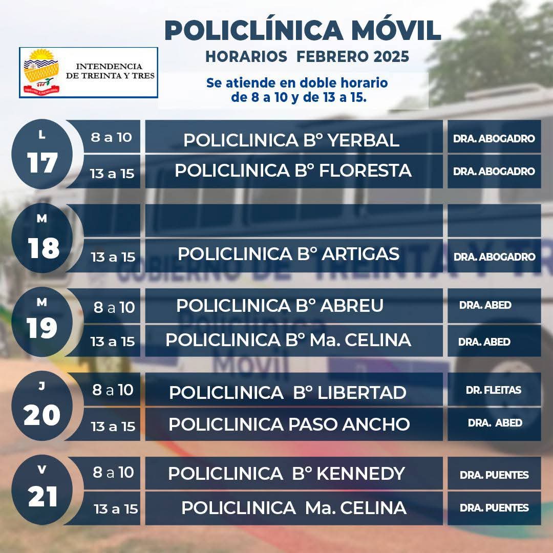 🏥 Cronograma de policlínicas del Gobierno de Treinta y Tres para la semana entrante.
#GobiernodeTreintayTres