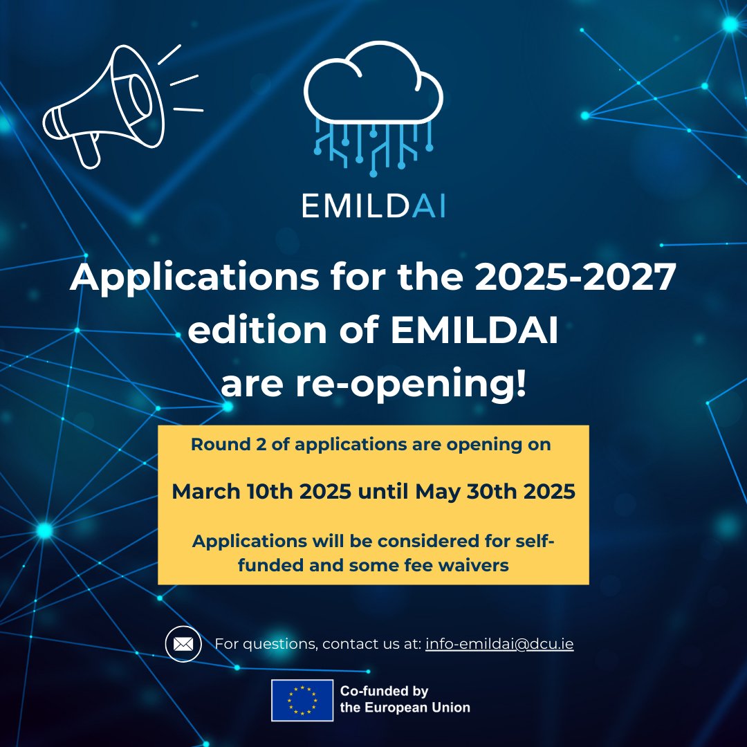 Applications for the 2025-2027 edition of EMILDAI are re-opening!

📅 Round 2 runs from March 10th, 2025, until May 30th, 2025.
🎓 Applications will be considered for self-funded places and some fee waivers (depending on availability following the first round of applications).
