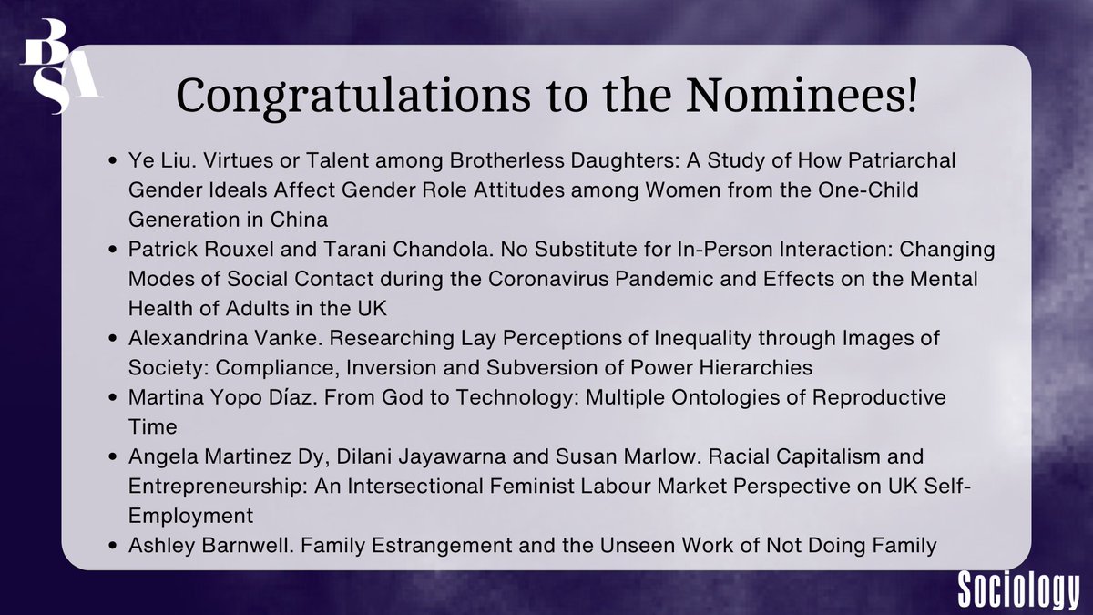 🎉We are excited to announce this year’s Sage Prize nominees for Sociology! 🎉
Congratulations to the authors on the papers that have been deemed exceptional and innovative out of SOC issues published in 2024. Full list below and at: tinyurl.com/mpu35np4