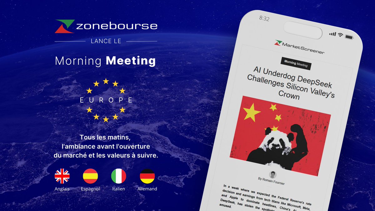 Zonebourse's tweet photo. 📢 [NEW] Lancement du #MorningMeeting Europe !

Après avoir séduit plus de 100 000 lecteurs francophones, le Morning Meeting débarque dans les boîtes mail des membres anglais, italiens, allemands et espagnols. 🌍✉️

✅ 100% gratuit
📝 Rédaction dans chaque langue
⏰ Envoyé vers 8h30, avant l'ouverture des marchés
📊 Des analyses et des résumés des #tendanceséconomiques 
💼 Zoom sur les performances des #entreprises et les valeurs à suivre.

"𝐶𝑒 𝑛𝑜𝑢𝑣𝑒𝑎𝑢 𝑠𝑒𝑟𝑣𝑖𝑐𝑒 𝑖𝑛𝑐𝑎𝑟𝑛𝑒 𝑛𝑜𝑡𝑟𝑒 𝑎𝑚𝑏𝑖𝑡𝑖𝑜𝑛 𝑝𝑟𝑒𝑚𝑖𝑒̀𝑟𝑒 : 𝑐𝑜𝑢𝑣𝑟𝑖𝑟 𝑑𝑒 𝑚𝑎𝑛𝑖𝑒̀𝑟𝑒 𝑎𝑝𝑝𝑟𝑜𝑓𝑜𝑛𝑑𝑖𝑒 𝑙'𝑒́𝑐𝑜𝑛𝑜𝑚𝑖𝑒 𝑑𝑒 𝑐ℎ𝑎𝑞𝑢𝑒 𝑝𝑎𝑦𝑠 𝑡𝑜𝑢𝑡 𝑒𝑛 𝑟𝑒𝑠𝑝𝑒𝑐𝑡𝑎𝑛𝑡 𝑙𝑒𝑠 𝑠𝑝𝑒́𝑐𝑖𝑓𝑖𝑐𝑖𝑡𝑒́𝑠. 𝑁𝑜𝑢𝑠 𝑜𝑓𝑓𝑟𝑜𝑛𝑠 𝑎𝑖𝑛𝑠𝑖 𝑎𝑢𝑥 𝑙𝑒𝑐𝑡𝑒𝑢𝑟𝑠 𝑒𝑢𝑟𝑜𝑝𝑒́𝑒𝑛𝑠 𝑢𝑛𝑒 𝑝𝑟𝑜𝑓𝑜𝑛𝑑𝑒𝑢𝑟 𝑑’𝑖𝑛𝑓𝑜𝑟𝑚𝑎𝑡𝑖𝑜𝑛 𝑖𝑛𝑒́𝑔𝑎𝑙𝑒́𝑒, 𝑎𝑑𝑎𝑝𝑡𝑒́𝑒 𝑎̀ 𝑐ℎ𝑎𝑞𝑢𝑒 𝑐𝑜𝑛𝑡𝑒𝑥𝑡𝑒 𝑙𝑜𝑐𝑎𝑙" détaille Franck Morel, le Président de https://t.co/2JhaWmKVTd et https://t.co/sLaYPKqKB7. 

Le Morning Meeting #Europe s’inscrit dans la volonté de Zonebourse de devenir la #plateformefinancière multilingue de référence. 🌐
