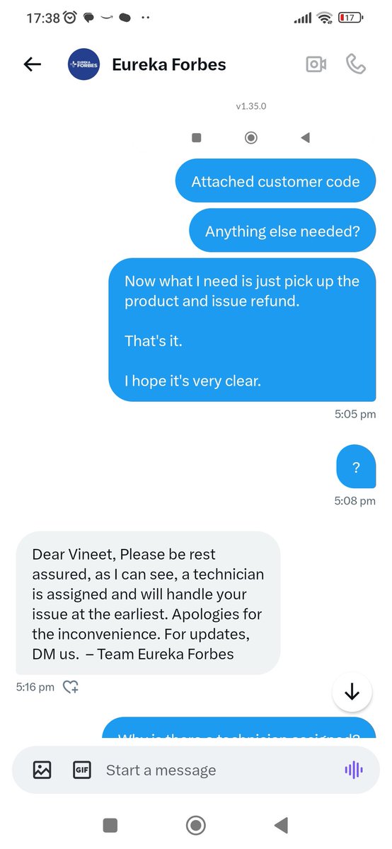 vineetshetty17's tweet photo. Look at how DM handle works @EurekaForbes @jagograhakjago 
Sending technician to check a new defective product instead of issuing refund and pick up. Cheating done openly https://t.co/VINKpeUFAn