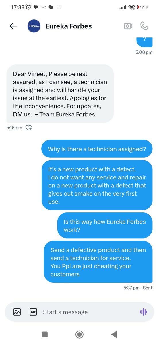 vineetshetty17's tweet photo. Look at how DM handle works @EurekaForbes @jagograhakjago 
Sending technician to check a new defective product instead of issuing refund and pick up. Cheating done openly https://t.co/VINKpeUFAn
