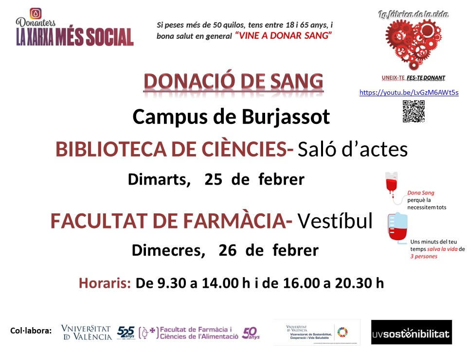 Donació de Sang campus de Burjassot, Biblioteca de Ciències, dimarts 25 de febrer i Facultat de Farmàcia, 26 de febrer